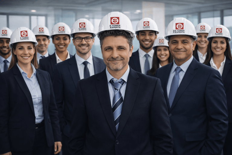 Équipe d’ingénieurs en stabilité bâtiment E-Tower Experts en Belgique avec casques de chantier