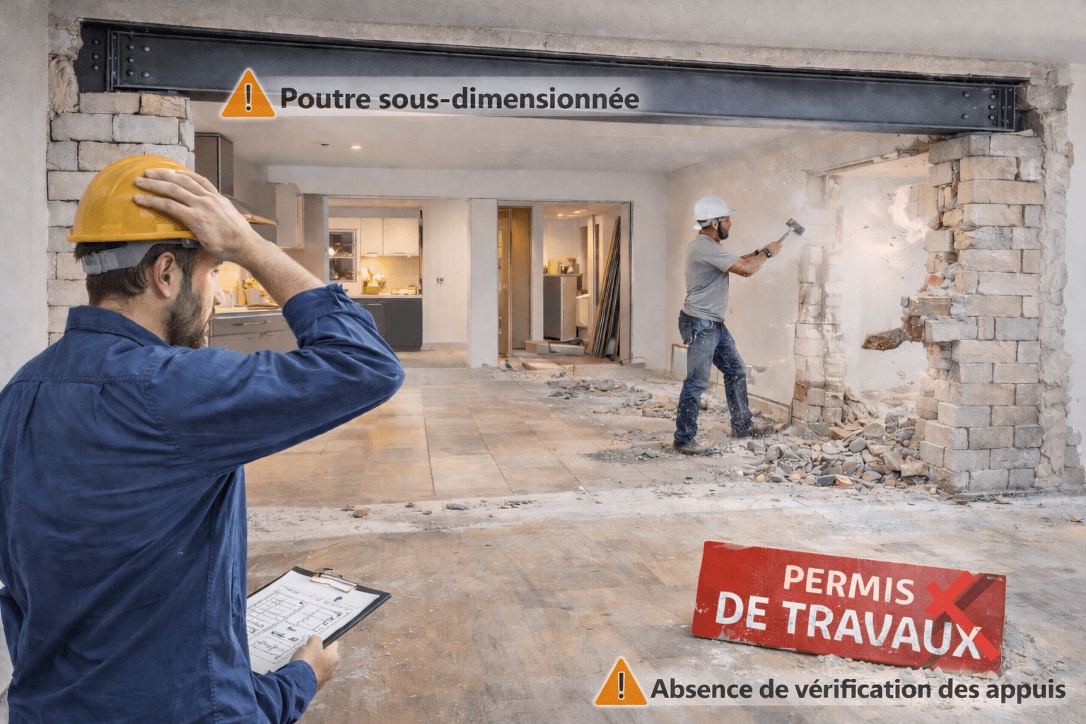 Erreurs lors de l’ouverture d’un mur porteur : poutre sous-dimensionnée et absence de vérification des appuis