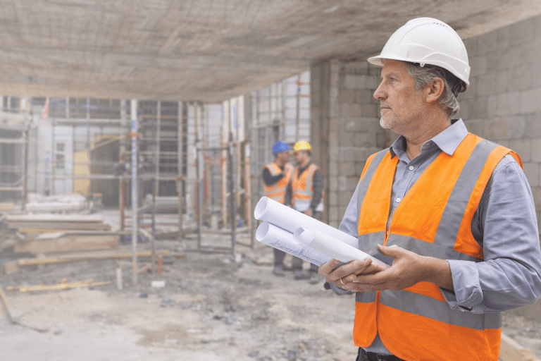 Ingénieur conseil en stabilité bâtiment analysant un chantier et vérifiant des solutions structurelles pour sécuriser les travaux