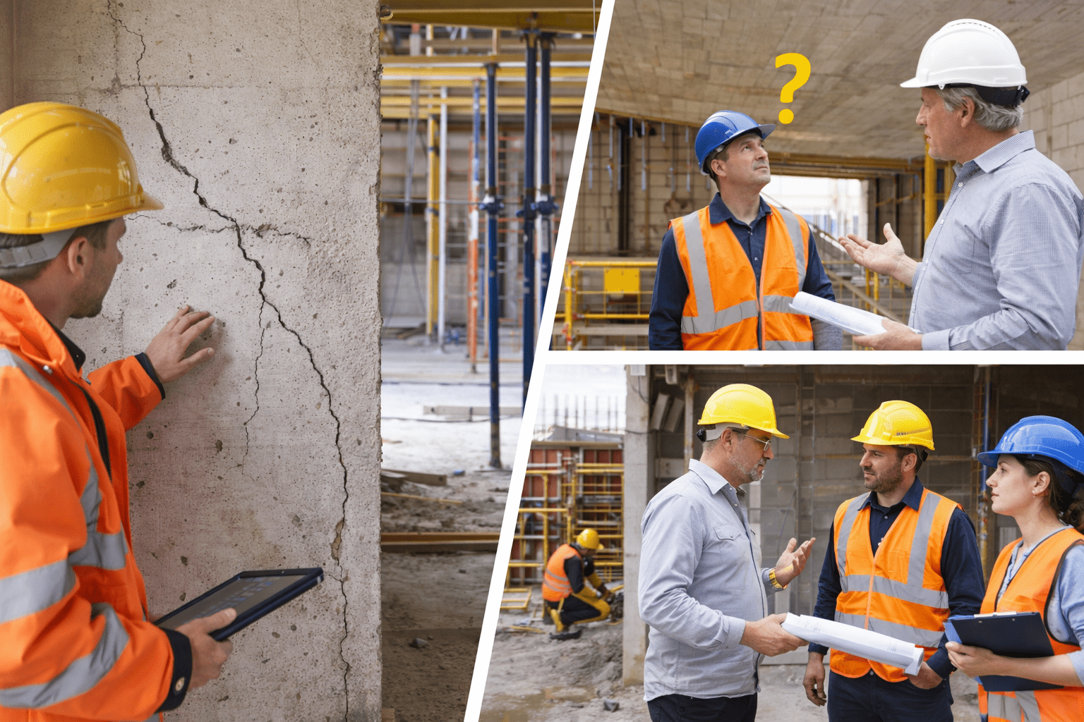 Ingénieur en stabilité bâtiment analysant des fissures et échangeant avec une équipe sur un chantier en Belgique