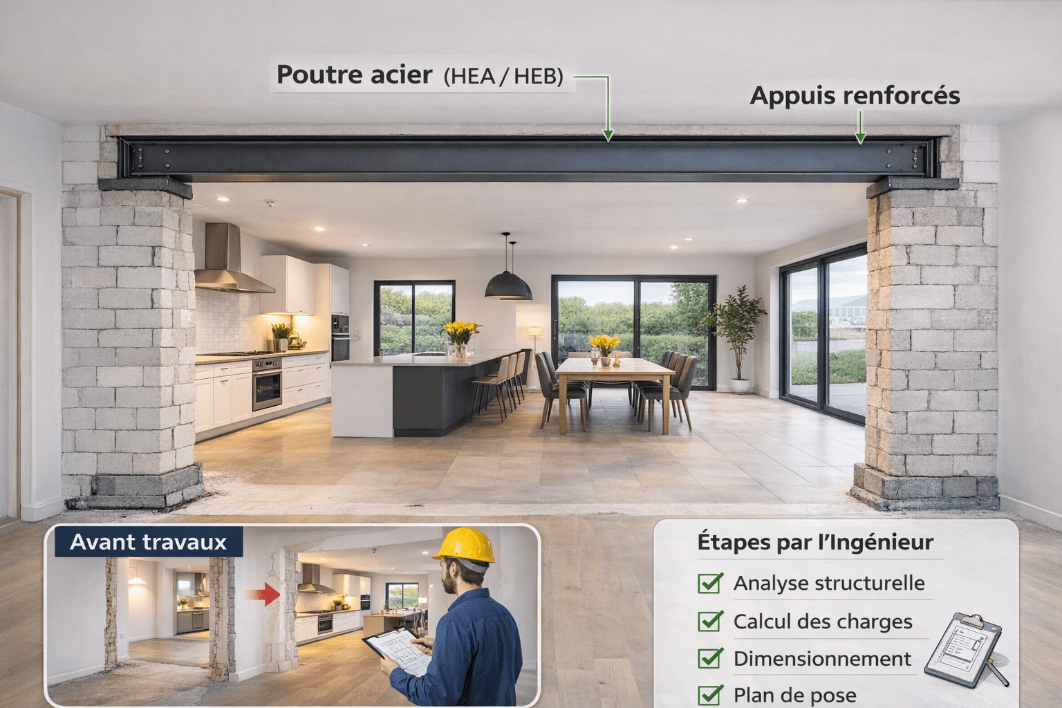 Ouverture d’un mur porteur entre cuisine et salle à manger dans une maison avec poutre acier