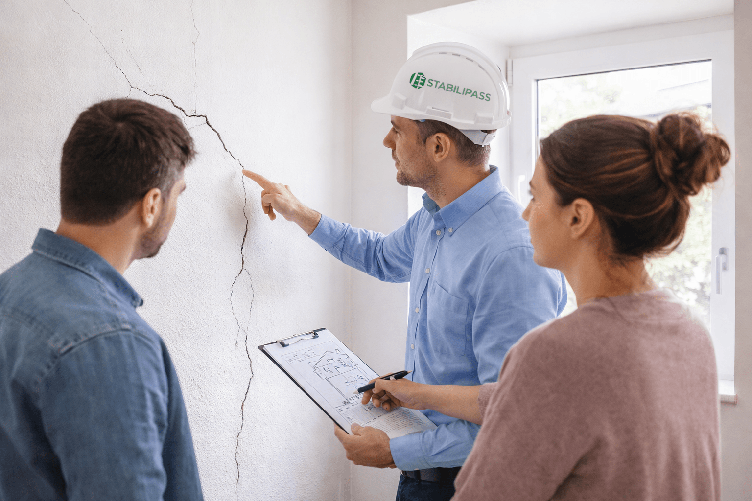 Ingénieur en stabilité réalisant un diagnostic Stabilipass avant achat immobilier
