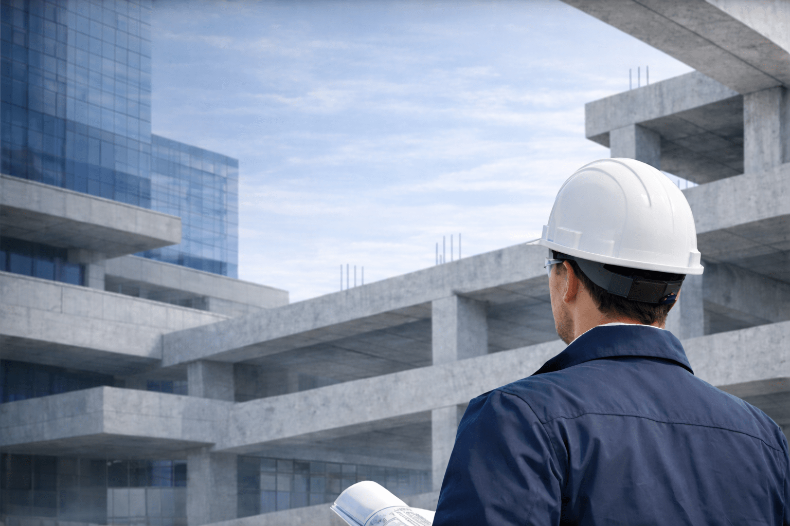 Ingénieur en stabilité analysant une structure en béton sur chantier en Belgique