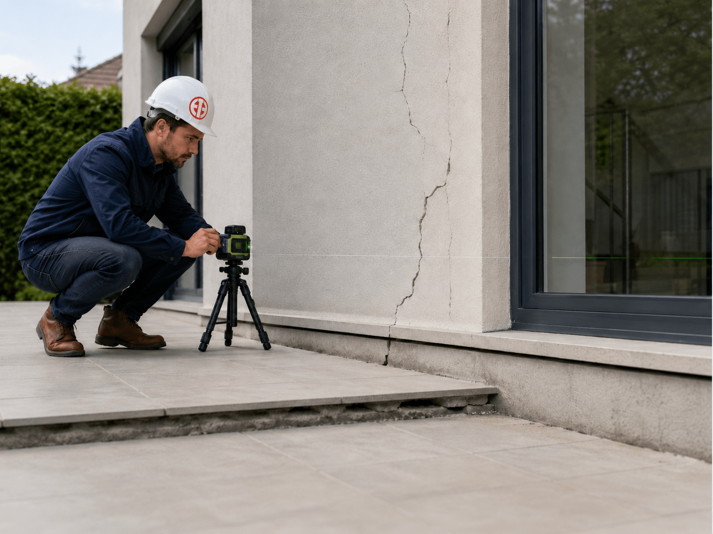 Ingénieur en stabilité contrôlant un affaissement de terrasse et des fissures en façade avec un niveau laser en Belgique