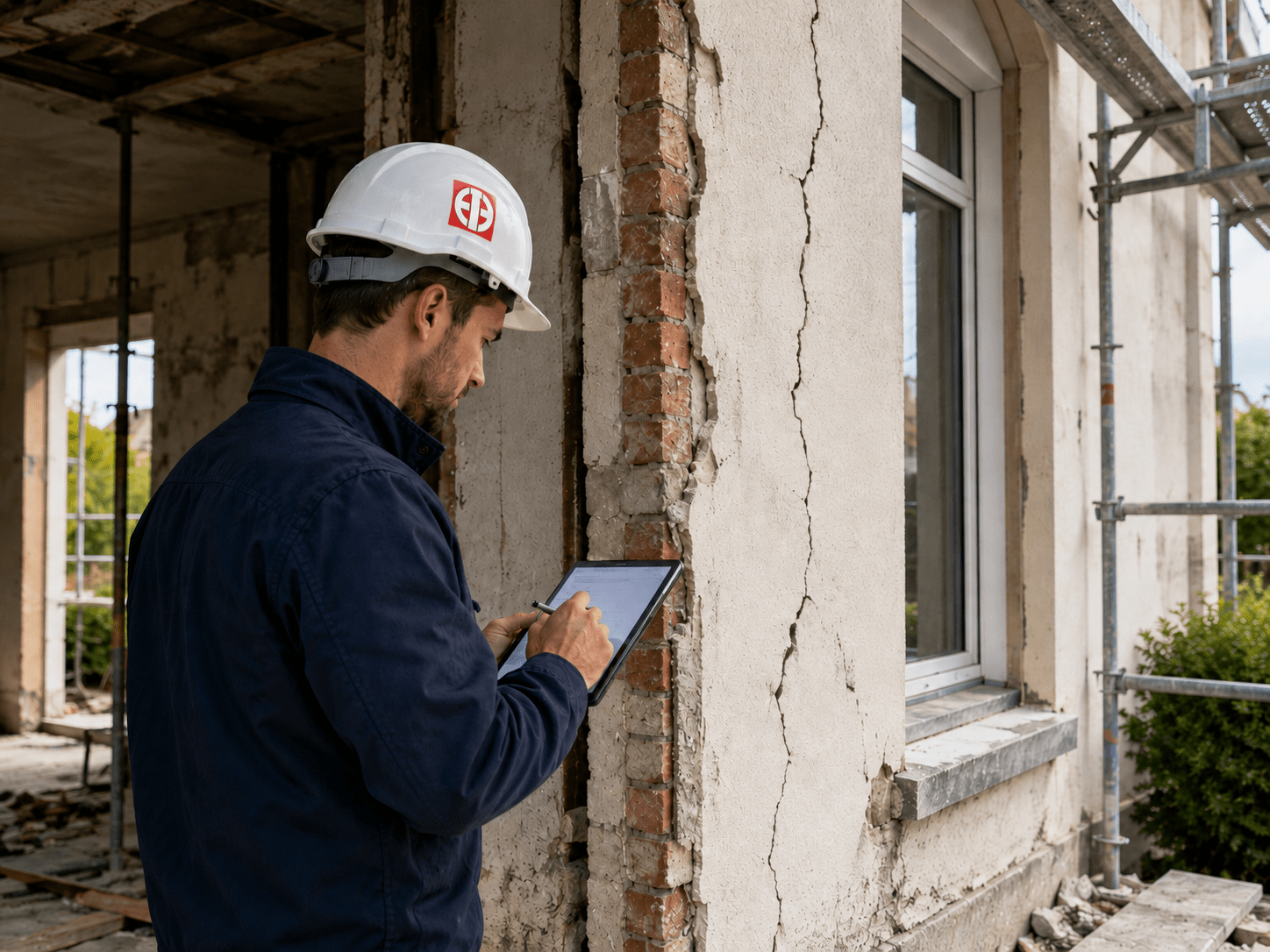 Ingénieur en stabilité inspectant des fissures de façade sur un bâtiment en travaux en Belgique