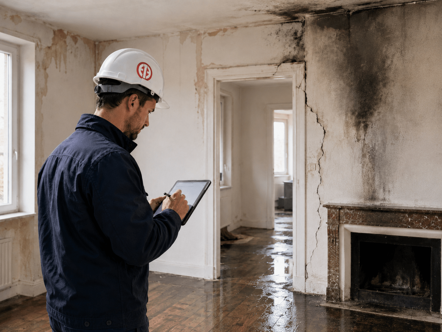 Ingénieur en stabilité inspectant un intérieur endommagé par un incendie, un dégât des eaux et des fissures en Belgique
